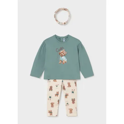 3PC GREEN & BEIGE LEGGING & HEADBAND SET PUPPY PRINT / 2780-068