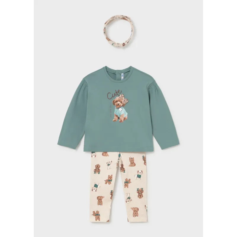 3PC GREEN & BEIGE LEGGING & HEADBAND SET PUPPY PRINT / 2780-068