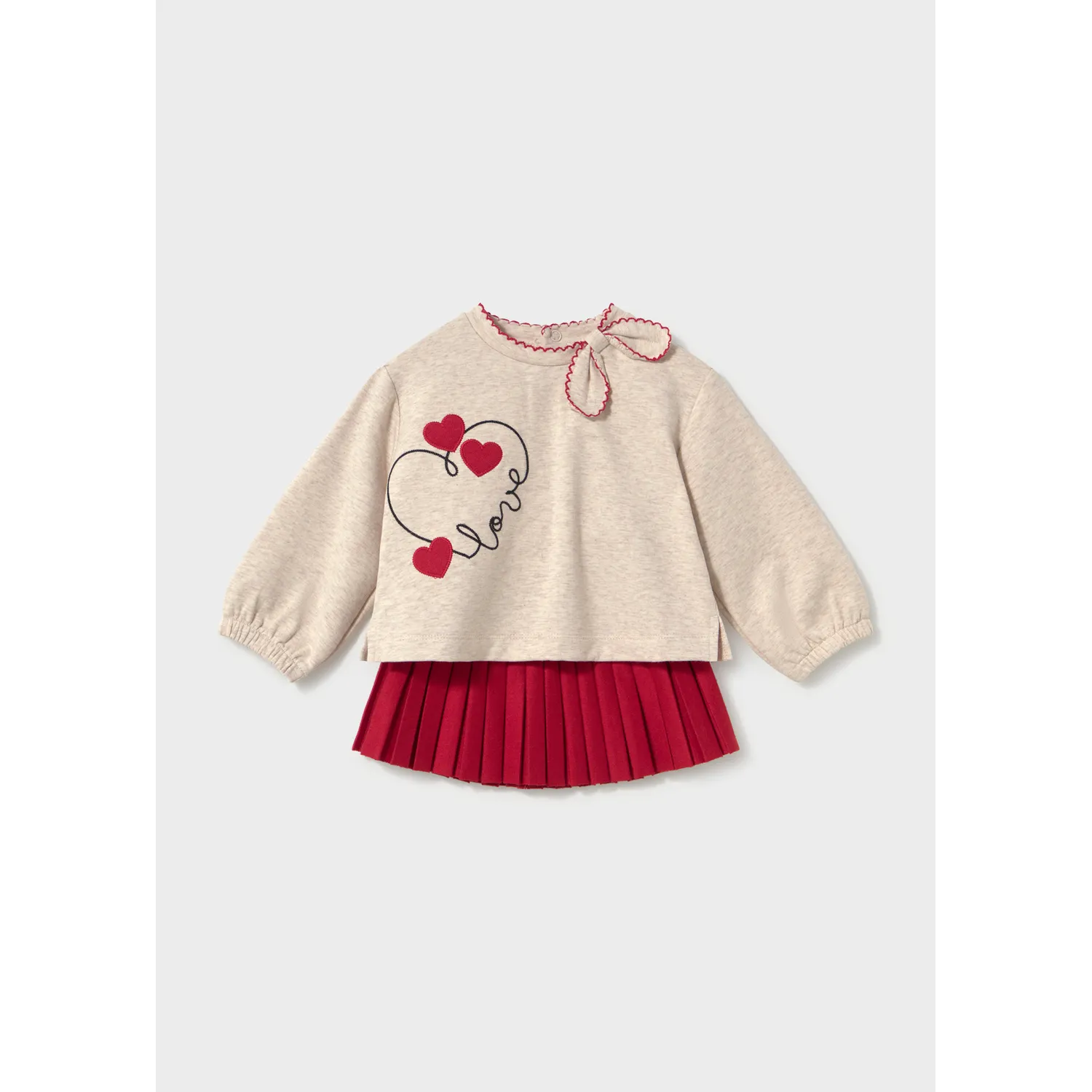 2PC RED & BEIGE PLEATED SKIRT SET RED HEARTS APPLIQUE / 2951-038