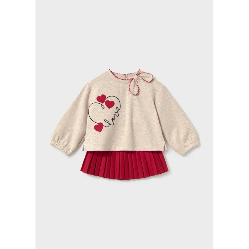 2PC RED & BEIGE PLEATED SKIRT SET RED HEARTS APPLIQUE / 2951-038