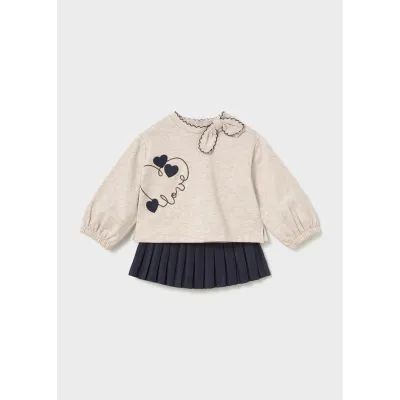 2PC NAVY & BEIGE PLEATED SKIRT NAVY HEART APPLIQUE / 2951-039
