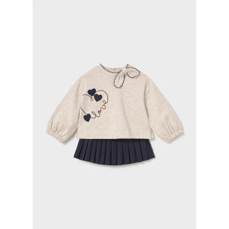 2PC NAVY & BEIGE PLEATED SKIRT NAVY HEART APPLIQUE / 2951-039