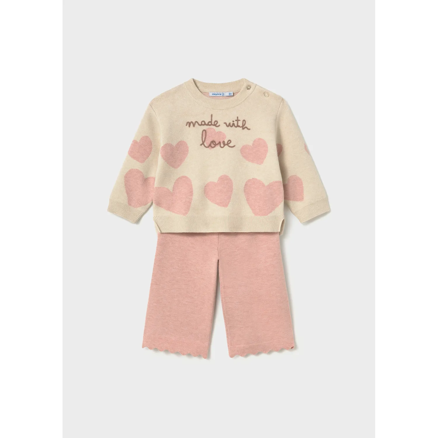 2PC BEIGE & PINK KNIT PANT SET HEART PRINT / 2556-042
