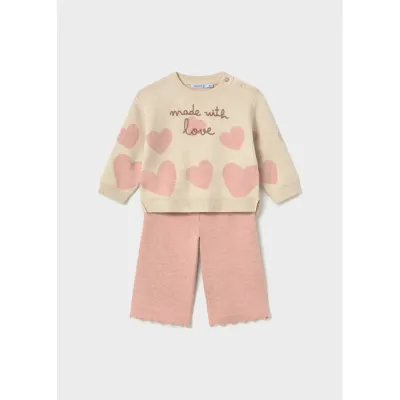 2PC BEIGE & PINK KNIT PANT SET HEART PRINT / 2556-042