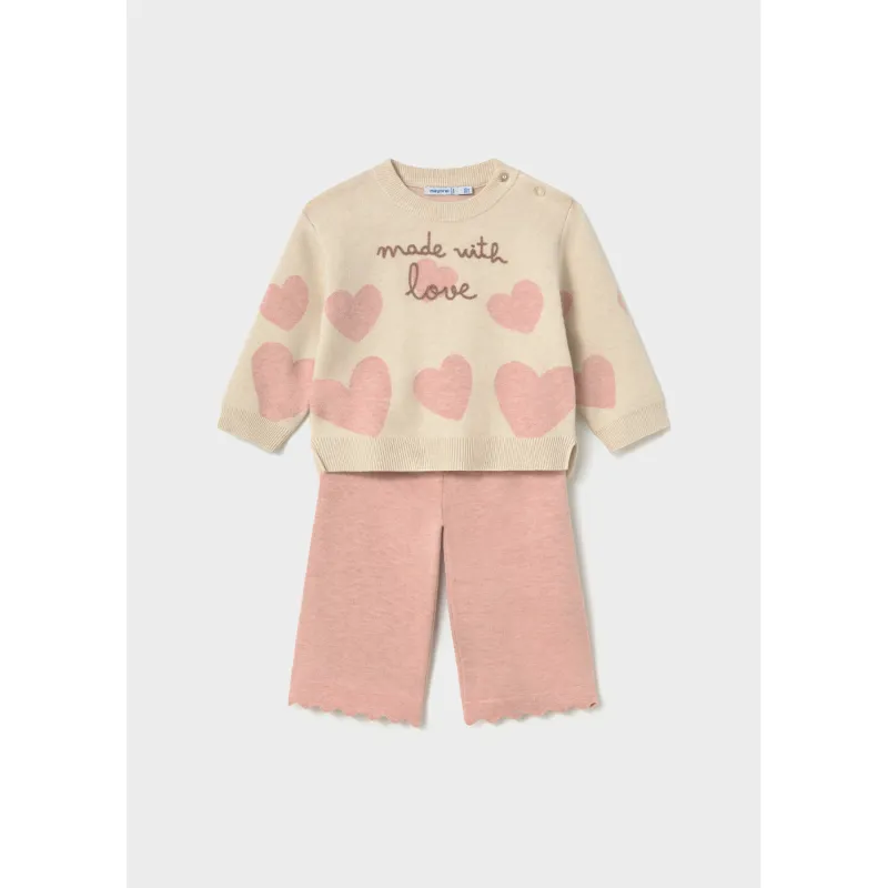 2PC BEIGE & PINK KNIT PANT SET HEART PRINT / 2556-042