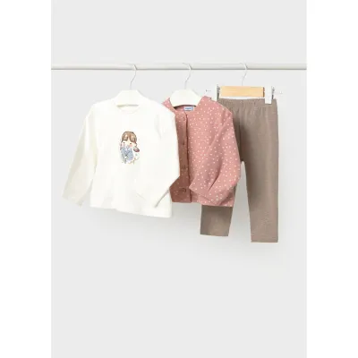 3PC PASTEL PINK & WHITE LEGGING SET PRINTED CARDIGAN DAISIES / 2708-055
