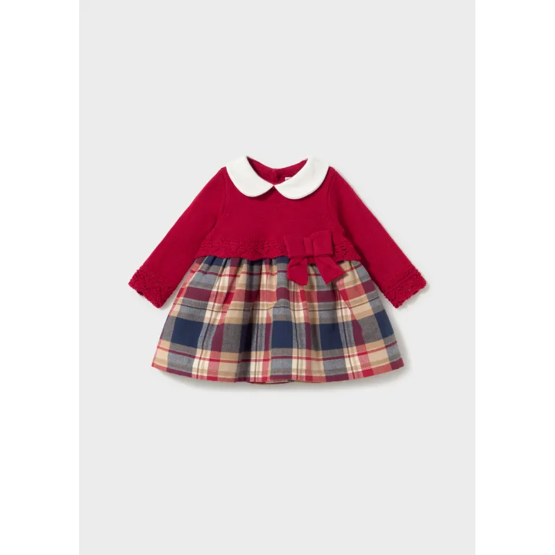 RED KNIT & PLAID DRESS WHITE COLLAR / 2801-011