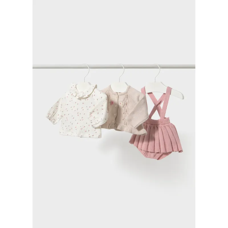 3PC PINK & BIEGE KNIT SKIRT SET PLEATED FLOWER EMBROIDERY / 2804-026