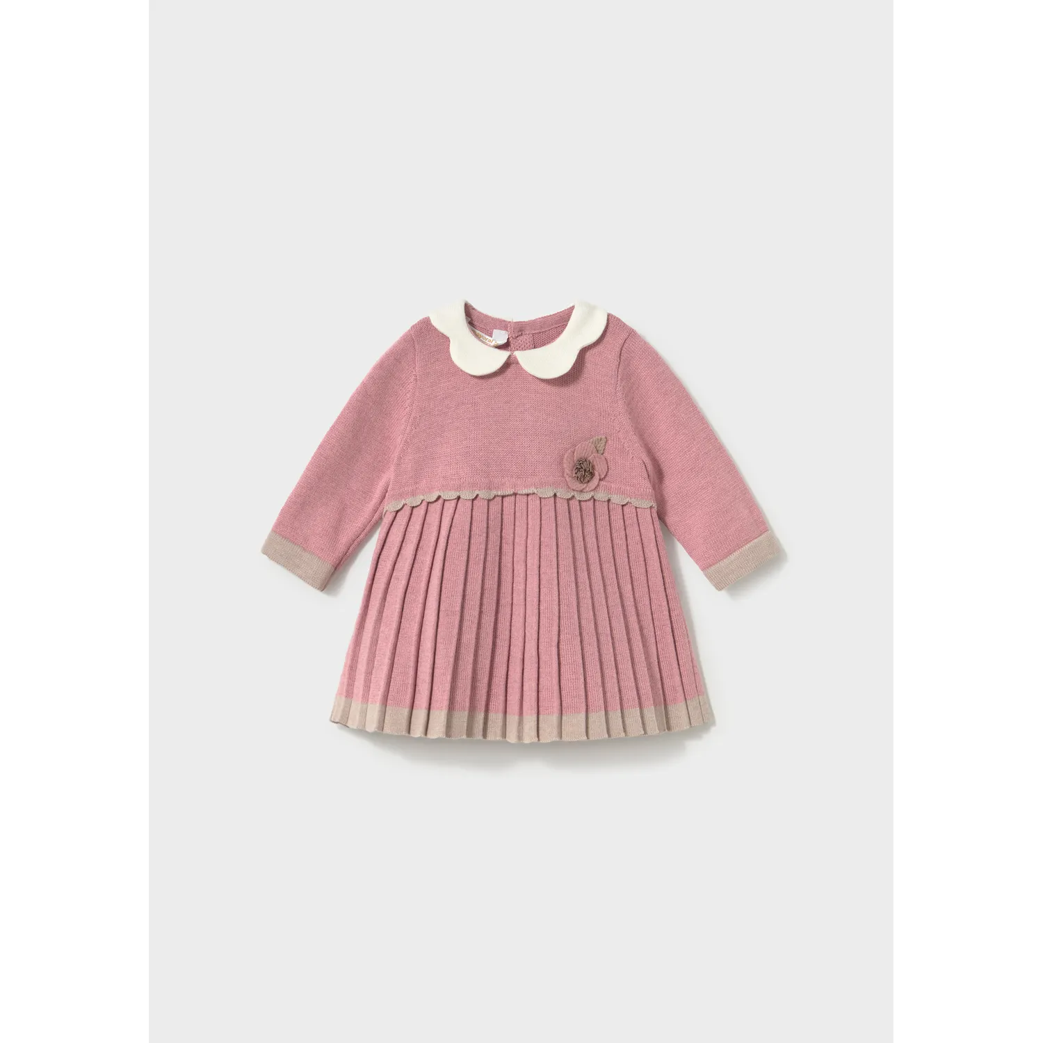 ROSE PINK KNIT DRESS PLEATED SKIRT WHITE COLLAR / 2815-034