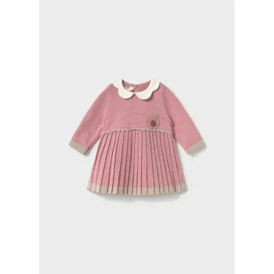 ROSE PINK KNIT DRESS PLEATED SKIRT WHITE COLLAR / 2815-034