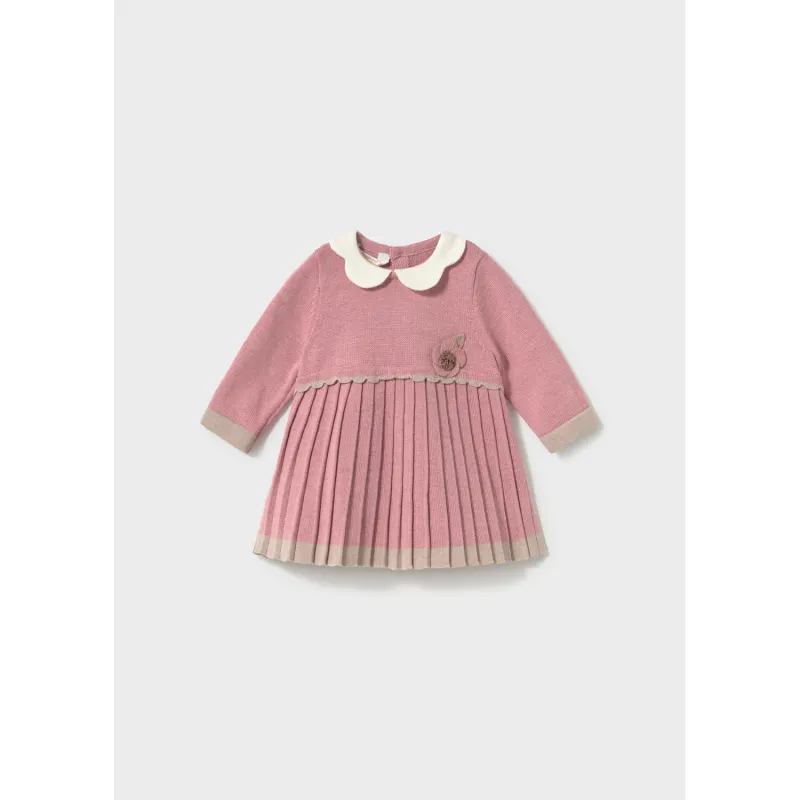 ROSE PINK KNIT DRESS PLEATED SKIRT WHITE COLLAR / 2815-034