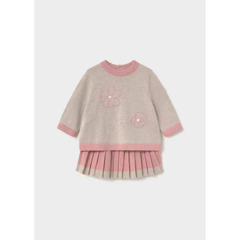 2PC TAUPE & ROSE KNIT SKIRT SET PLEATED / 2829-059