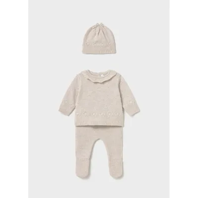 3PC BIEGE KNIT PANT SET 9-18M NO FEEET / 2513-027