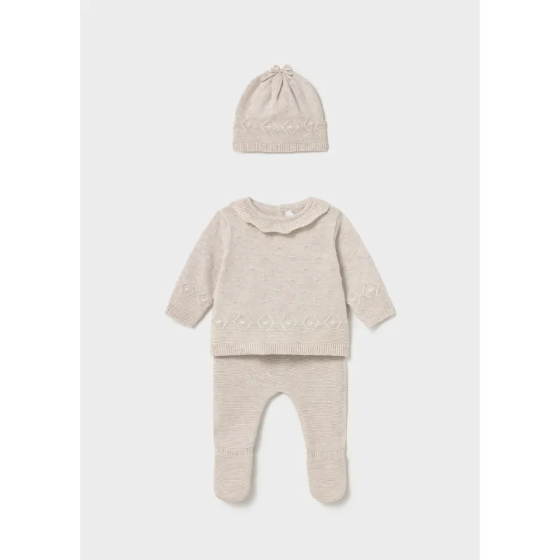 3PC BIEGE KNIT PANT SET 9-18M NO FEEET / 2513-027