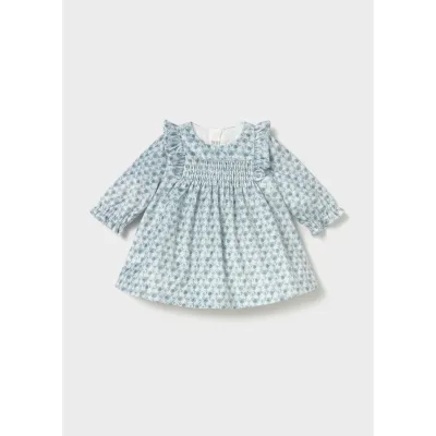 GREEN PRINTED VELVET DRESS SMOCKED BODICE / 2816-025