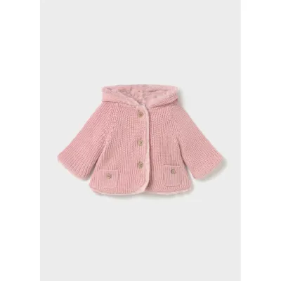 PINK KNIT CARDIGAN HOODED FAUX FUR LINING / 2302-078