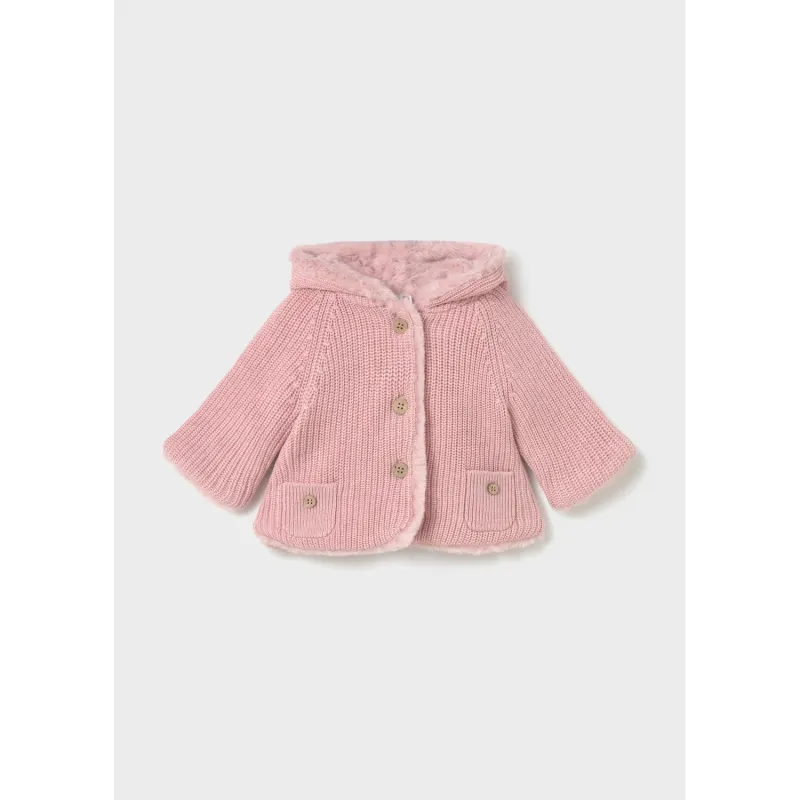PINK KNIT CARDIGAN HOODED FAUX FUR LINING / 2302-078