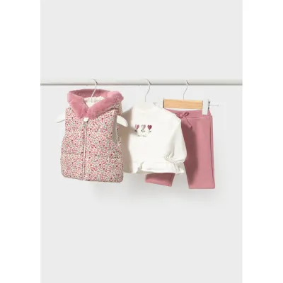 3PC PINK FLORAL VEST CREAM TOP PINK PANT HOODED / 2686-0025