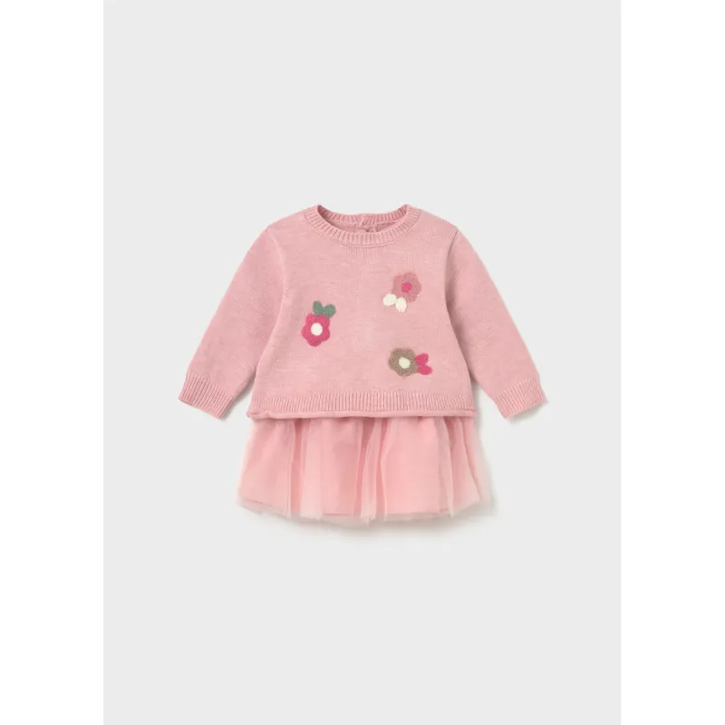 PINK KNIT & TULLE DRESS FLOWER APPLIQUE / 2820-093