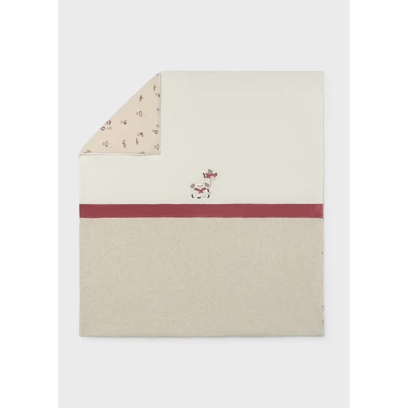 CREAM & RED VELOUR BLANKET RIBBED LINING LAMB EMBROIDERY / 9148-055