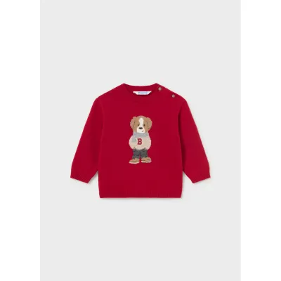 RED KNIT SWEATER BEAR INSET PRINT / 2377-083