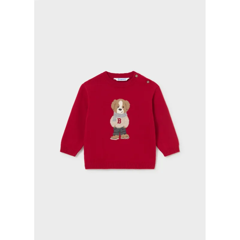 RED KNIT SWEATER BEAR INSET PRINT / 2377-083