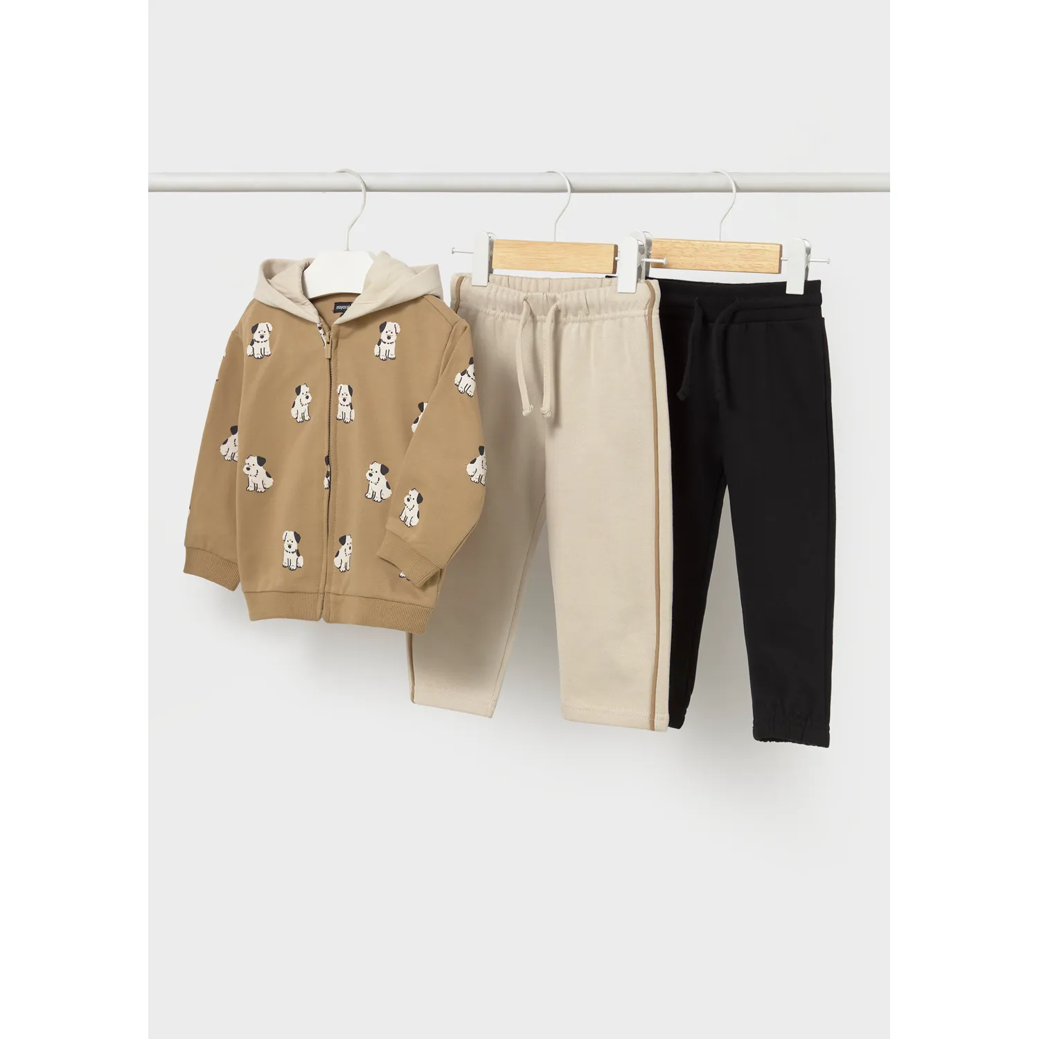 3PC BROWN BEIGE & BLACK TRACKSUIT HOODED PUPPY PRINT / 2836-010
