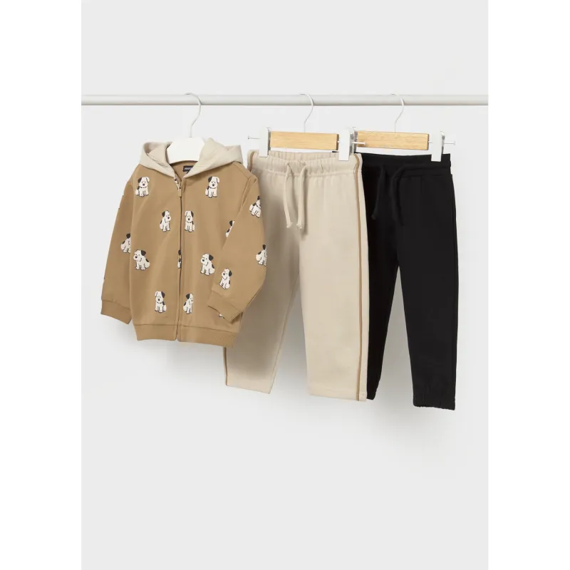 3PC BROWN BEIGE & BLACK TRACKSUIT HOODED PUPPY PRINT / 2836-010