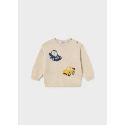 BIEGE KNIT SWEATER BLUE CAR PRINT / 2371-072