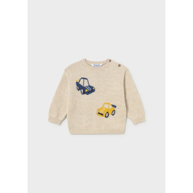 BIEGE KNIT SWEATER BLUE CAR PRINT / 2371-072