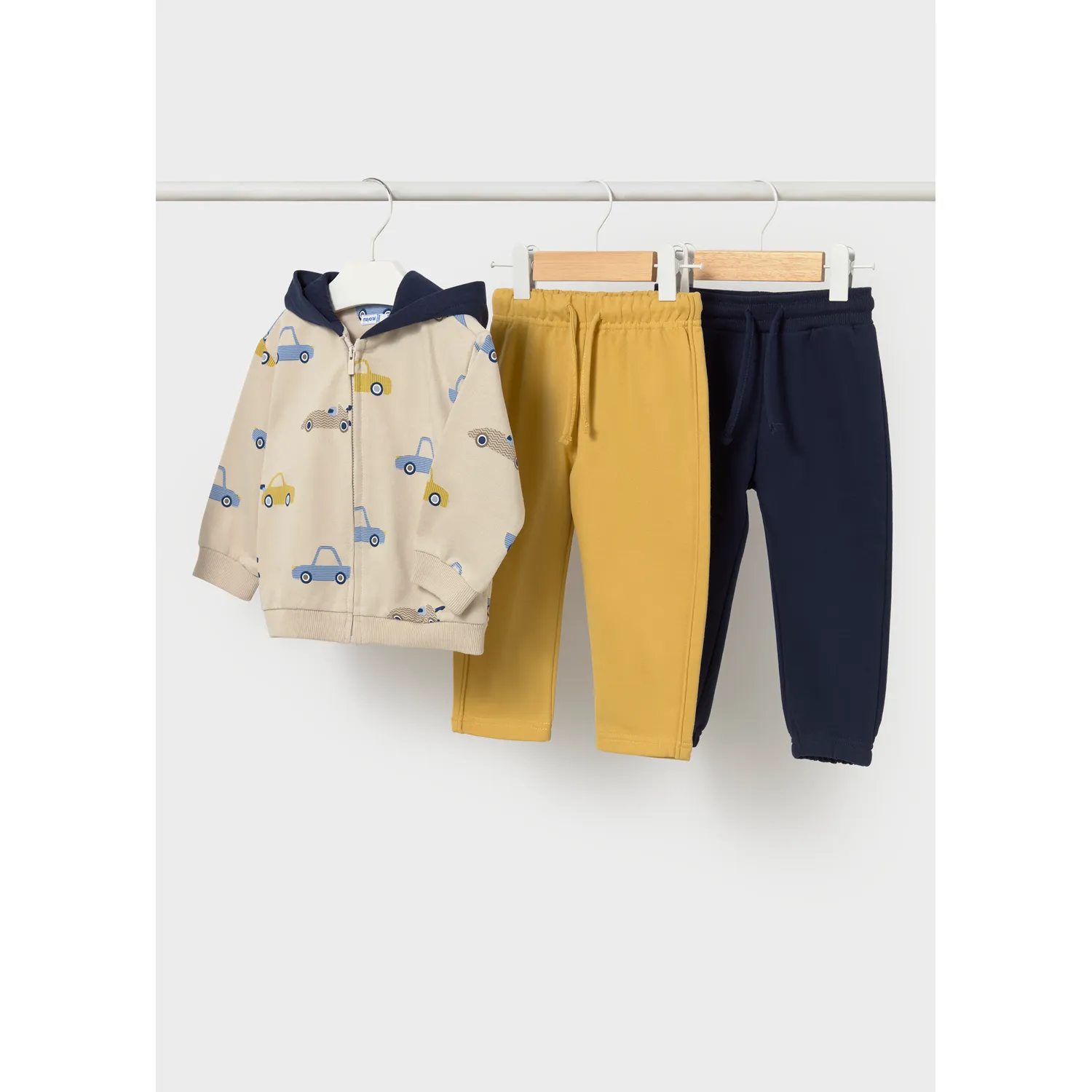 3PC TAUPE YELLOW & NAVY TRACKSUIT CAR PRINT & HOODED / 2836-012