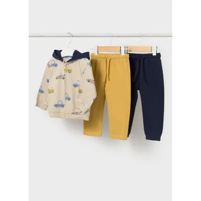3PC TAUPE YELLOW & NAVY TRACKSUIT CAR PRINT & HOODED / 2836-012