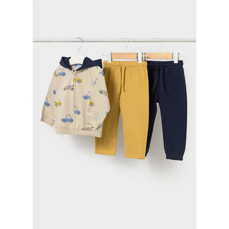 3PC TAUPE YELLOW & NAVY TRACKSUIT CAR PRINT & HOODED / 2836-012