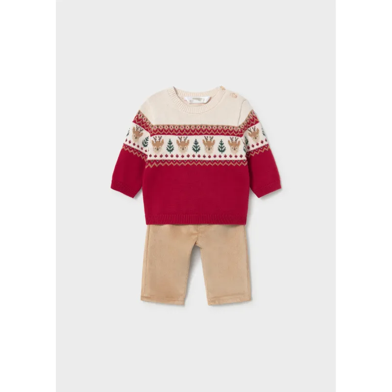 2PC RED PRINT SWEATER & GOLD VELOUR PANT / 2532-079