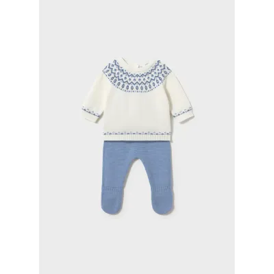 2PC CREAM & BLUE KNIT LEG WARMER SET 9-18M NO FEET / 2505-068