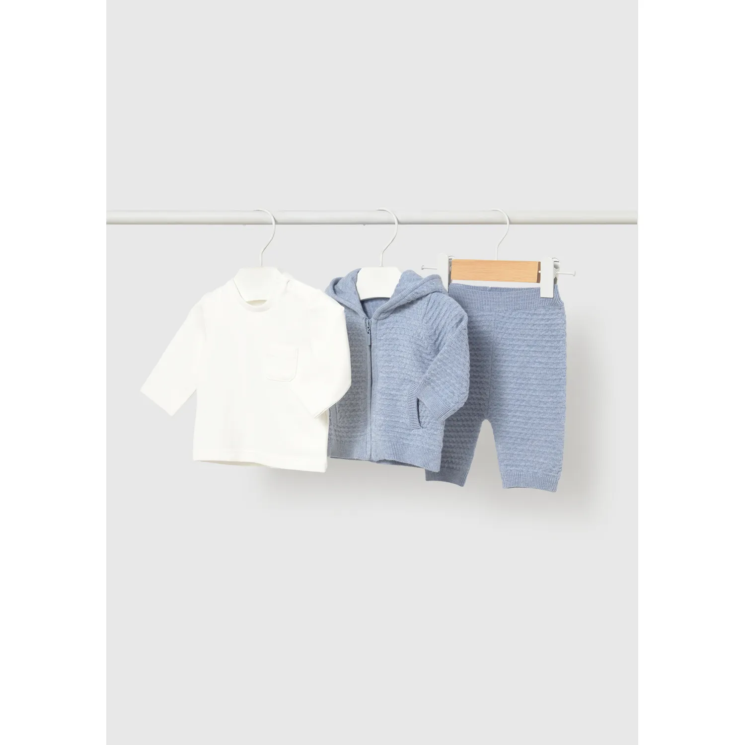 3PC BLUE & WHITE KNIT HOODED PANT SET BUBBLE EFFECT / 2507-018