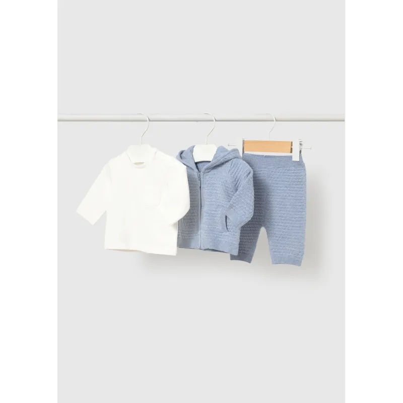 3PC BLUE & WHITE KNIT HOODED PANT SET BUBBLE EFFECT / 2507-018