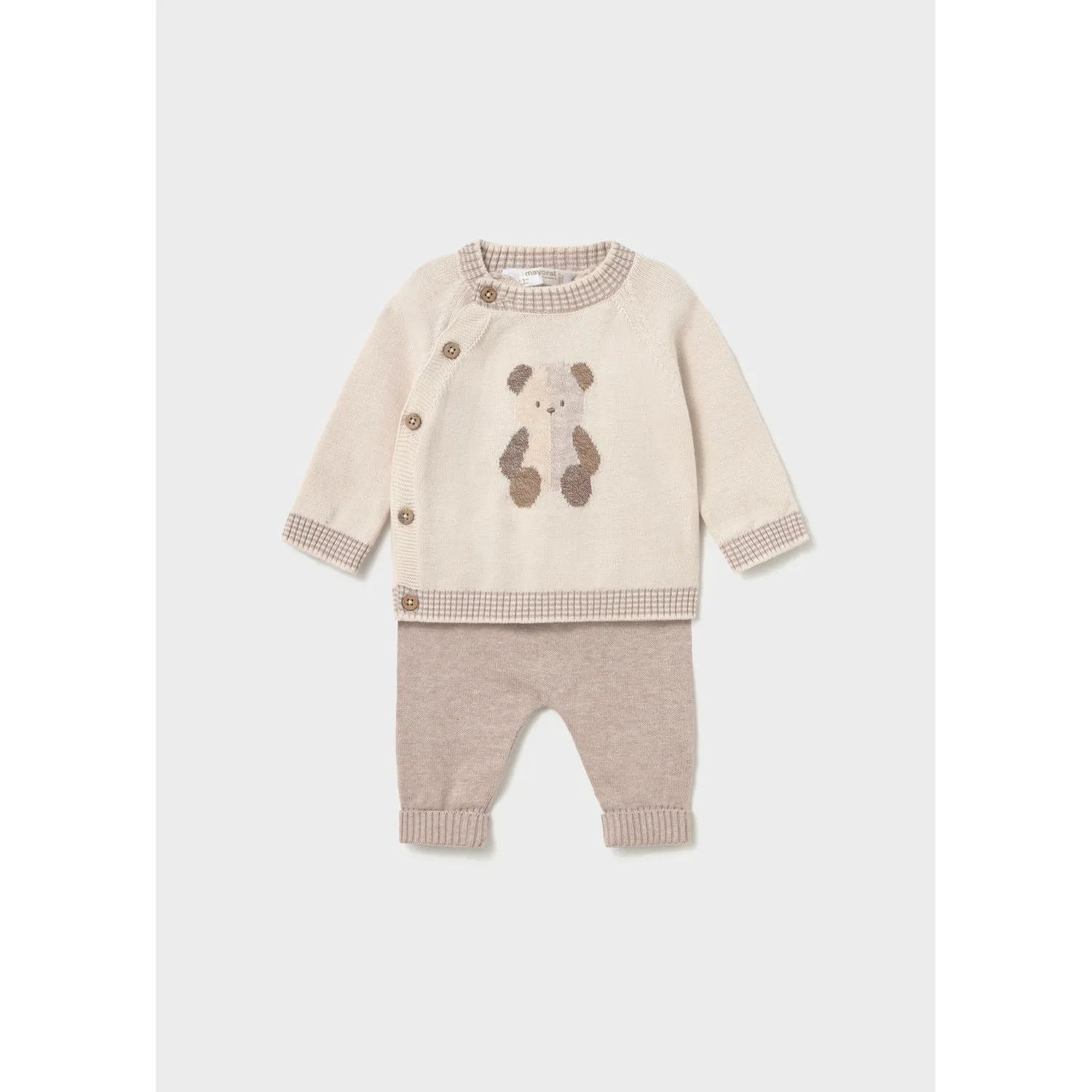 2PC BEIGE & BROWN KNIT PANT SET PUPPY MOTIF / 2823-070