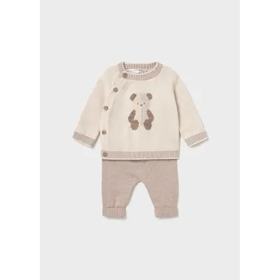 2PC BEIGE & BROWN KNIT PANT SET PUPPY MOTIF / 2823-070