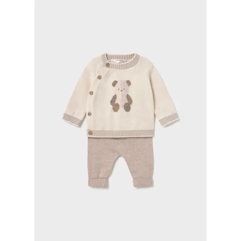 2PC BEIGE & BROWN KNIT PANT SET PUPPY MOTIF / 2823-070
