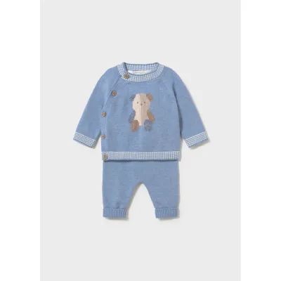 2PC BLUE KNIT PANT SET PUPPY MOTIF SIDECLOSURE / 2523-071