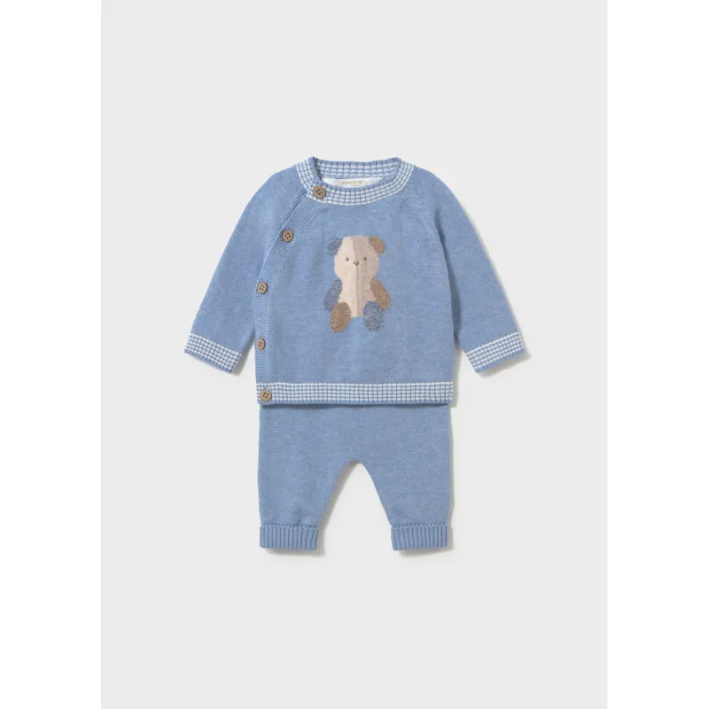 2PC BLUE KNIT PANT SET PUPPY MOTIF SIDECLOSURE / 2523-071
