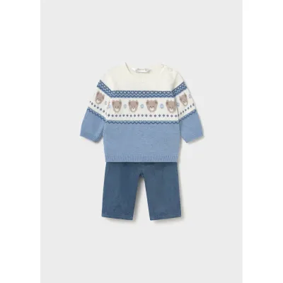 2PC BLUE KNIT SWEATER & PANT SET BEAR MOTIF / 2532-080