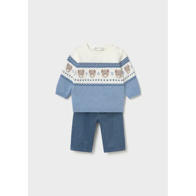 2PC BLUE KNIT SWEATER & PANT SET BEAR MOTIF / 2532-080