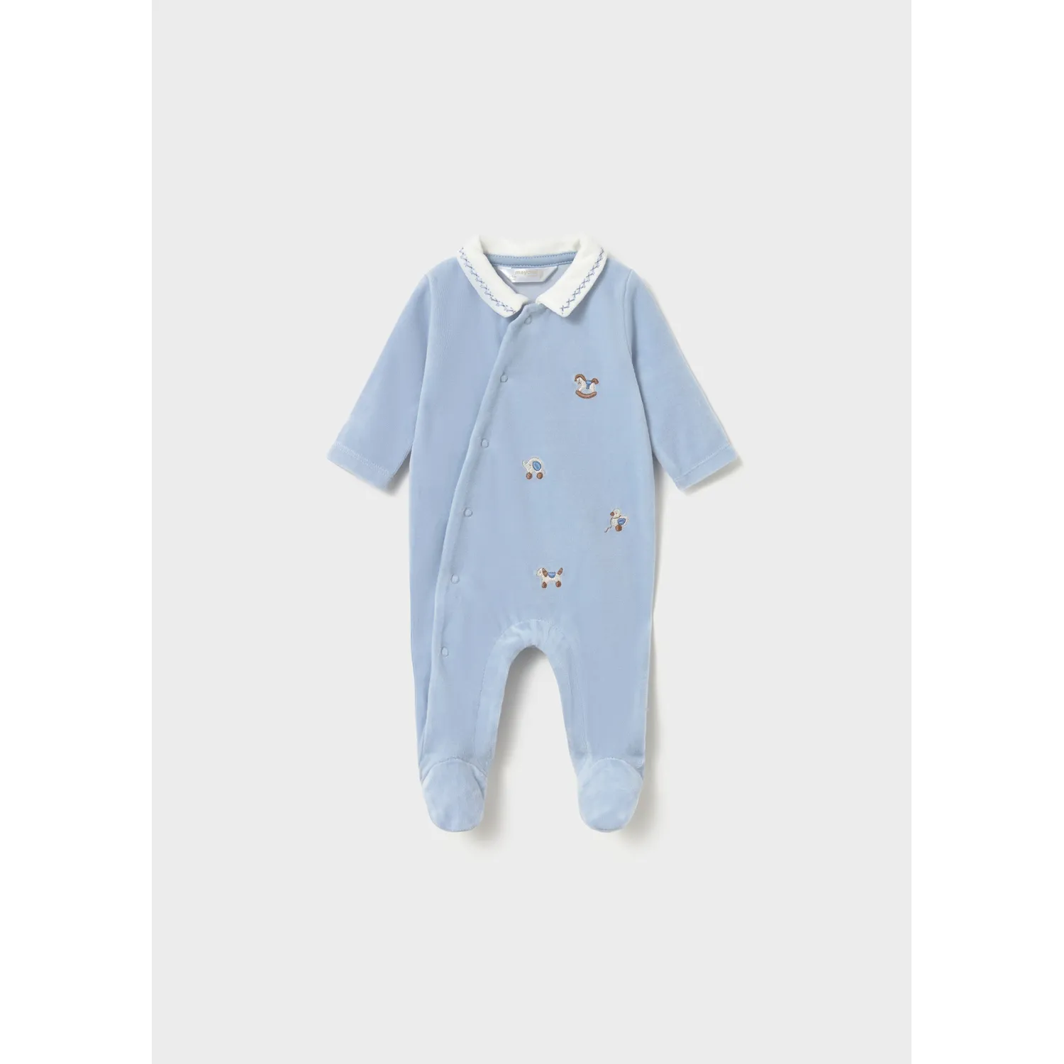 SKY BLUE VELOUR SLEEPER WHITE COLLAR EMBROIDERED ANIMALS / 2764-036