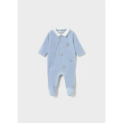 SKY BLUE VELOUR SLEEPER WHITE COLLAR EMBROIDERED ANIMALS / 2764-036