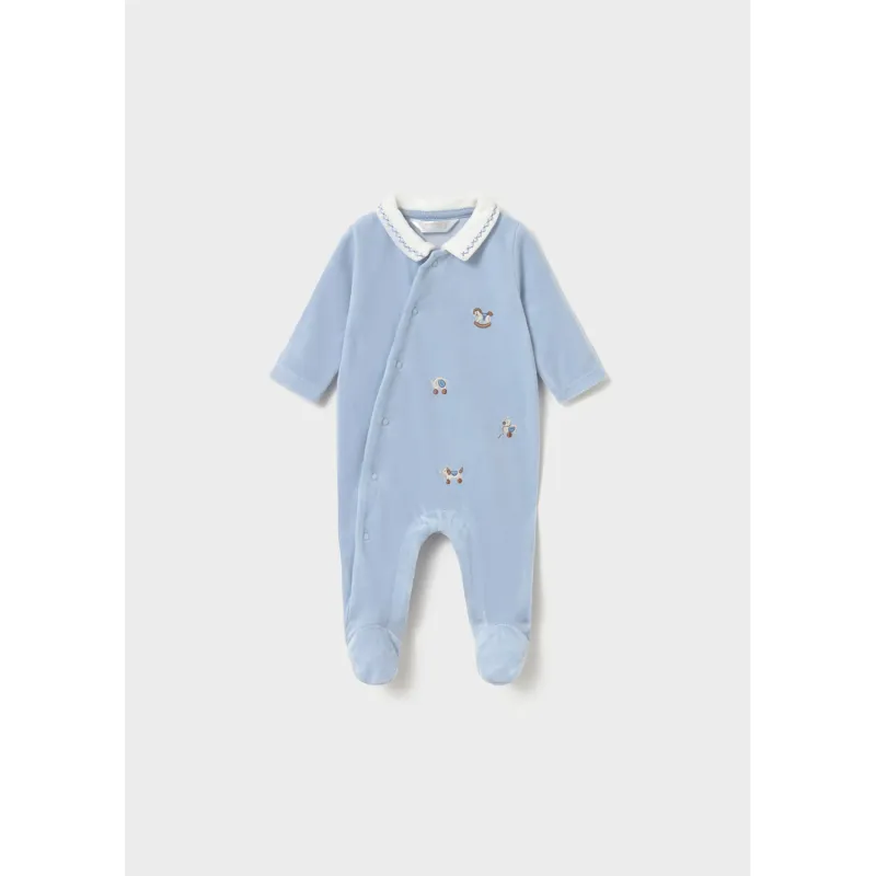 SKY BLUE VELOUR SLEEPER WHITE COLLAR EMBROIDERED ANIMALS / 2764-036