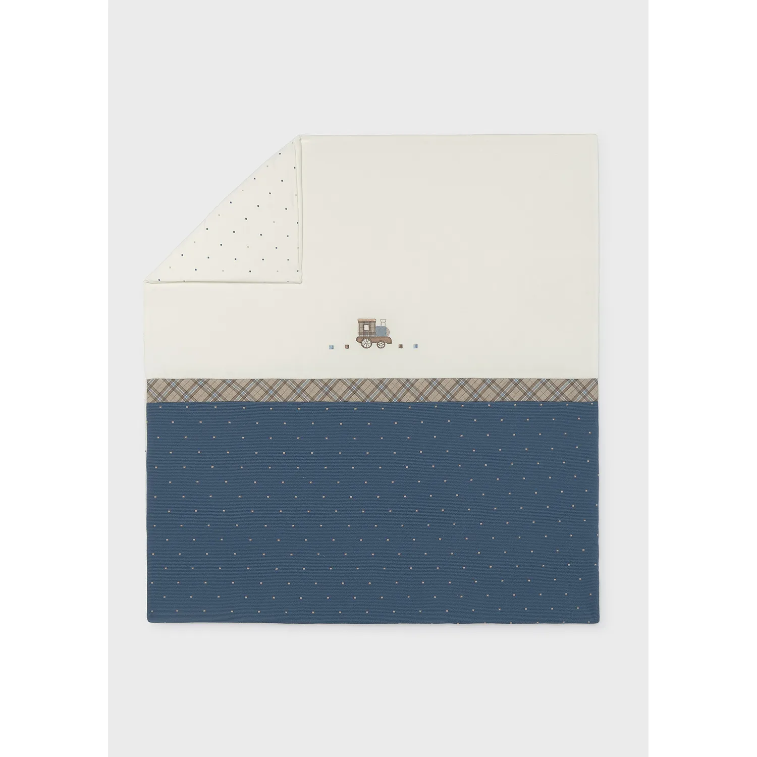BLUEBERRY & CREAM BLANKET BROWN PLAID TRIM & TRAIN APPLIQUE / 9148-054