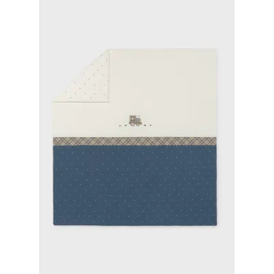 BLUEBERRY & CREAM BLANKET BROWN PLAID TRIM & TRAIN APPLIQUE / 9148-054