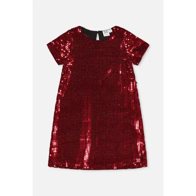 RED SEQUIN ALINE DRESS SHORT SLEEVE CIRCLES & SQUARES / J20OG92-07490